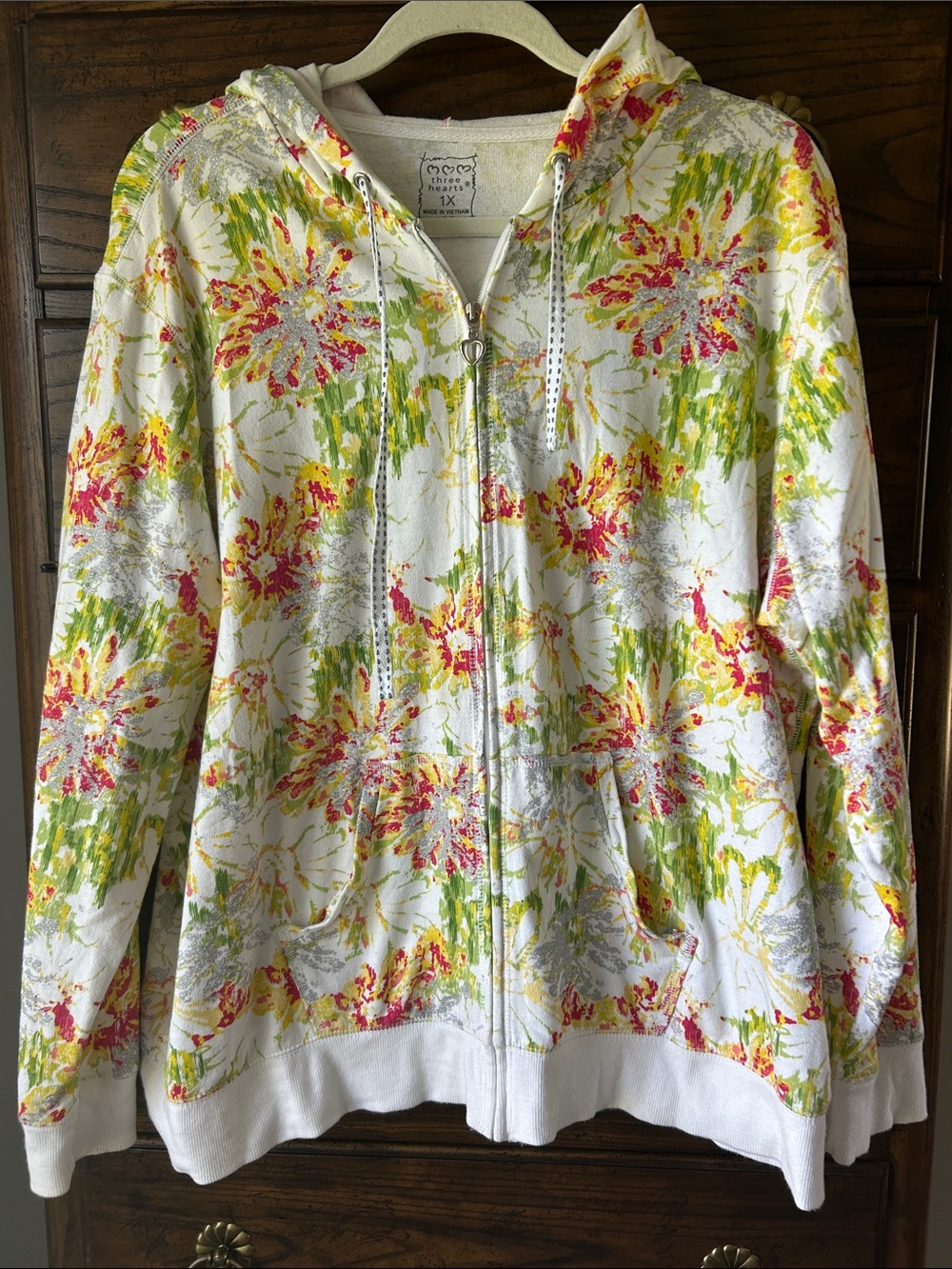 Three Hearts Cotton White Hooded Zip-Up with Floral Print, Size 1X